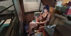 Rule 34 | absurdres, alternate costume, bag, blue eyes, blue footwear, blue hair, bob cut, breasts, car interior, cleavage, crossed legs, crosswalk, dcgoss, dress, fishnet thighhighs, fishnets, genshin impact, gold dress, gold shoes, halter dress, halterneck, handbag, high heels, highres, jewelry, large breasts, lipstick, makeup, motor vehicle, necklace, patent heels, pumps, shawl, shiny clothes, shoe box, shoes, shopping bag, sitting, stiletto heels, thighhighs, truck, unworn shoe, unworn shoes, white footwear, yelan (genshin impact)
