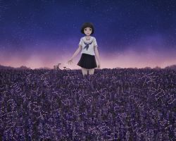 Rule 34 | 1girl, bare arms, bicycle, black eyes, black hair, black neckerchief, black skirt, commentary request, field, flower, flower field, lavender (flower), looking at viewer, midriff, nature, neckerchief, original, parted lips, pleated skirt, school uniform, serafuku, short hair, short sleeves, skirt, sky, solo, standing, star (sky), starry sky, translation request, yajirushi (chanoma)