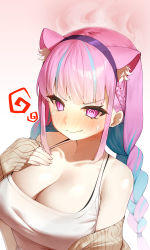 Rule 34 | 1girl, @ @, absurdres, animal ear fluff, animal ears, bare shoulders, beige sweater, blue hair, blush, bra, bra peek, braid, breasts, cat ears, cleavage, closed mouth, collarbone, french braid, full-face blush, gradient background, hairband, hand on own chest, highres, hololive, large breasts, long hair, looking at viewer, minato aqua, multicolored hair, off shoulder, pink eyes, pink hair, purple hairband, sbgu, smile, solo, streaked hair, sweatdrop, tank top, twin braids, two-tone hair, underwear, upper body, virtual youtuber, wavy mouth, white tank top