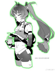 Rule 34 | 1girl, absurdres, android, armpit peek, artist name, braid, chinese text, closed mouth, cropped legs, expressionless, fingerless gloves, from side, gloves, green eyes, green outline, hair intakes, highres, holding, holding weapon, long hair, looking at viewer, low-tied long hair, midriff, outline, profile, qingyi (zenless zone zero), short shorts, shorts, side braids, simple background, simplified chinese text, solo, spot color, translation request, twintails, watermark, weapon, weibo watermark, white background, yanghua gaizi, zenless zone zero