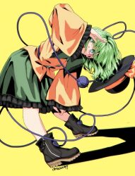 Rule 34 | 1girl, absurdres, bent over, black footwear, black hat, boots, commentary, frilled skirt, frills, green eyes, green hair, green skirt, hat, hat ribbon, heart, heart of string, highres, komeiji koishi, long sleeves, looking at viewer, open mouth, ribbon, shirt, short hair, signature, simple background, skirt, solo, third eye, touhou, ultragruntyy, yellow background, yellow ribbon, yellow shirt