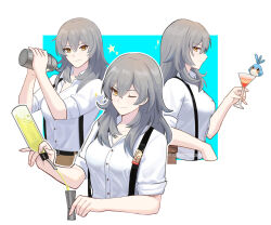 Rule 34 | 1girl, ;), bottle, breasts, cocktail glass, commentary, cup, drinking glass, grey hair, holding, holding bottle, holding cup, honkai: star rail, honkai (series), long hair, looking at viewer, multiple views, one eye closed, shirt, short sleeves, small breasts, smile, stelle (honkai: star rail), supershrimpcakes, suspenders, trailblazer (honkai: star rail), white background, white shirt, yellow eyes