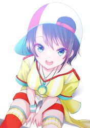 Rule 34 | 1girl, baseball cap, blue eyes, breasts, brown hair, hat, highres, hololive, looking at viewer, medium breasts, oozora subaru, oozora subaru (1st costume), open mouth, red hat, red thighhighs, shirt, short hair, shorts, smile, solo, stopwatch, stopwatch around neck, striped clothes, striped shirt, thighhighs, two-tone hat, vertical-striped clothes, vertical-striped shirt, virtual youtuber, watch, whistle, whistle around neck, white hat, white shorts, yanagiba sakana, yellow shirt