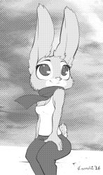 Rule 34 | 1girl, absurdres, animal ears, artist name, bare shoulders, breasts, cleavage, cloud, crombie, dated, furry, furry female, greyscale, heart, highres, judy hopps, looking up, medium breasts, monochrome, pants, rabbit ears, rabbit tail, scarf, shirt, signature, sitting, sky, sleeveless, sleeveless shirt, smile, solo, tail, text focus, zootopia