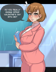 Rule 34 | 1girl, absurdres, blush, breasts, brown eyes, classroom, commentary, cowboy shot, english commentary, english text, eyelashes, hair between eyes, highres, holding, indoors, jacket, large breasts, looking at viewer, pants, parted lips, persona, persona 3, pink jacket, pink pants, shirt, short hair, sieroo, solo, speech bubble, toriumi isako, white shirt