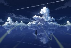 Rule 34 | 1girl, blue theme, cloud, contrail, cumulonimbus cloud, day, facing away, original, outdoors, rata raata, reflection, ripples, scenery, solo, standing, water