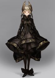 Rule 34 | 1girl, black dress, black footwear, black pantyhose, blush, brown eyes, closed mouth, dress, full body, grey background, hair ornament, highres, lm7 (op-center), long sleeves, looking at viewer, original, pantyhose, shoes, silver hair, simple background, solo, standing