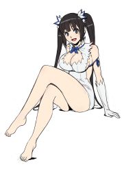 Rule 34 | 1girl, :d, azasuke, bare legs, barefoot, blue bow, blue bowtie, blue eyes, bow, bowtie, breasts, brown hair, cleavage, cleavage cutout, clothing cutout, crossed legs, dress, dungeon ni deai wo motomeru no wa machigatteiru darou ka, full body, gloves, hestia (danmachi), invisible chair, large breasts, looking at viewer, open mouth, pencil dress, rei no himo, short dress, simple background, sitting, smile, solo, thighs, twintails, white background, white dress, white gloves