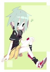 Rule 34 | 1girl, ahoge, annoyed, aqua eyes, aqua hair, bad id, bad twitter id, bandaid, bandaid on face, bare legs, black shirt, black socks, brown shorts, cardigan, cardigan around waist, cargo shorts, closed mouth, clothes around waist, converse, eyebrows, flat chest, full body, green background, hair between eyes, headphones, headphones around neck, highres, looking at viewer, messy hair, mint-chan, mononomo616, multicolored hair, original, pale skin, red footwear, shirt, shoes, short sleeves, shorts, sidelocks, simple background, sitting, sneakers, socks, solo, squiggle, sweatband, t-shirt, two-tone background, wristband