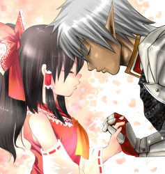 Rule 34 | 00s, 1boy, 1girl, armor, black hair, bow, buront, couple, crossover, dark-skinned male, dark skin, detached sleeves, closed eyes, face-to-face, final fantasy, final fantasy xi, forehead-to-forehead, grey hair, hair bow, hakurei reimu, holding hands, heads together, hetero, japanese clothes, long hair, miko, nagare, pointy ears, the iron of yin and yang, touhou