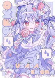 1girl animal_print bandaid bandaid_on_face bandaid_on_hand blue_bow blue_bowtie blue_hair blue_jacket blush bow bow_print bowtie candy candy_hair_ornament candy_print carrot_hair_ornament carrot_print character_name chibi decora english_text food food-themed_hair_ornament food_print frills hair_between_eyes hair_bow hair_ornament hairclip hairpin holding holding_candy holding_food holding_lollipop hololive jacket lollipop long_hair long_sleeves looking_at_viewer multicolored_nails open_clothes open_jacket open_mouth rabbit_girl rabbit_hair_ornament rabbit_in_eyes rabbit_print red_eyes sango_(35sangosan) shirt sleeves_past_fingers sleeves_past_wrists solo speech_bubble striped_bow sweat twintails usada_pekora virtual_youtuber white_bow white_shirt