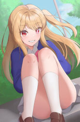 Rule 34 | 1girl, blonde hair, blue jacket, blue sky, blush, bow, bowtie, clenched teeth, collared shirt, commentary, convenient leg, dress shirt, dutch angle, feet out of frame, floating hair, grey skirt, highres, hoshino ruby, isolatte, jacket, kneehighs, knees up, loafers, long hair, looking at viewer, miniskirt, mismatched pupils, one side up, oshi no ko, outdoors, pink bow, pink bowtie, pink eyes, red eyes, school uniform, shirt, shoes, sidelocks, sitting, skirt, sky, smile, socks, solo, star-shaped pupils, star (symbol), symbol-shaped pupils, teeth, thighs, uniform, white shirt, white socks, youtou high school uniform