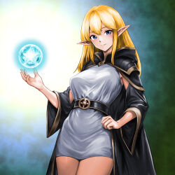 1girl black_cape blonde_hair blue_eyes breasts cape cowboy_shot double-parted_bangs dress elf hair_between_eyes highres large_breasts long_hair minamoto80486 original pointy_ears short_dress smile solo white_dress