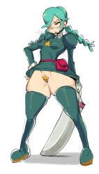 Rule 34 | 1girl, absurdres, annie (skullgirls), belt pouch, blush, boots, braid, breasts, breath, chamchami, eyepatch, full body, green hair, half-closed eyes, highres, juliet sleeves, long sleeves, maebari, medium breasts, navel, no panties, pouch, puffy sleeves, sketch, skindentation, skirt, skullgirls, solo, standing, sweat, sword, thick thighs, thigh boots, thighs, twin braids, weapon, white background, yellow eyes