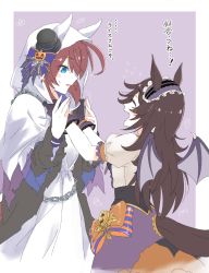 Rule 34 | 2girls, adjusting another&#039;s clothes, adjusting clothes, animal ears, bat wings, blue eyes, blush, border, bow, brown hair, chain, cloak, commentary request, fang, flying sweatdrops, frilled hairband, frills, gloves, hairband, hat, highres, hood, hood up, hooded cloak, horse ears, horse girl, horse tail, kpaoi, large bow, long hair, looking at another, mihono bourbon (ghosty and the magic of halloween) (umamusume), mihono bourbon (umamusume), mini hat, mini top hat, multiple girls, official alternate costume, open mouth, outside border, puffy short sleeves, puffy sleeves, purple gloves, rice shower (make up vampire!) (umamusume), rice shower (umamusume), short sleeves, skin fang, sweatdrop, tail, top hat, translation request, umamusume, white border, wings