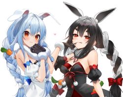 Rule 34 | 2girls, :p, alternate color, alternate hair color, animal ear fluff, animal ears, bare shoulders, black dress, black gloves, black hair, blue hair, blush, bow, braid, carrot hair ornament, closed mouth, commentary, detached sleeves, don-chan (usada pekora), dress, dual persona, finger to mouth, fingerless gloves, food-themed hair ornament, fur scarf, gloves, gotou (nekocat), hair between eyes, hair bow, hair ornament, heart, highres, hololive, long hair, multicolored hair, multiple girls, own hands together, puffy short sleeves, puffy sleeves, rabbit-shaped pupils, rabbit ears, red bow, red eyes, short sleeves, simple background, symbol-only commentary, symbol-shaped pupils, thick eyebrows, tongue, tongue out, twin braids, twintails, two-tone hair, upper body, usada pekora, usada pekora (1st costume), very long hair, virtual youtuber, white background, white bow, white dress, white hair
