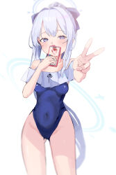 Rule 34 | 1girl, absurdres, bare arms, bare legs, bare shoulders, blue archive, blue halo, blue one-piece swimsuit, blush, breasts, casual one-piece swimsuit, cellphone, collarbone, covered navel, cowboy shot, frilled one-piece swimsuit, frills, ggab0621, grey hair, halo, highres, holding, holding phone, long hair, looking at viewer, miyako (blue archive), miyako (swimsuit) (blue archive), off-shoulder one-piece swimsuit, off shoulder, official alternate costume, official alternate hairstyle, one-piece swimsuit, open mouth, phone, ponytail, purple eyes, simple background, small breasts, smartphone, solo, swimsuit, tongue, tongue out, v, white background