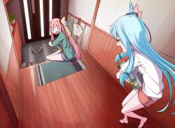 Rule 34 | 0 0, 2girls, absurdres, barefoot, blue hair, blunt bangs, blush, closed eyes, commentary, door, entrance, excited, facing another, floating hair, full body, green shirt, grey shorts, hair intakes, hair ribbon, highres, holding shoe, house, hugging object, indoors, jii (seiga7099526), kotonoha akane, kotonoha aoi, looking at another, looking back, low-tied sidelocks, multiple girls, nintendo switch, pink shorts, ribbon, shirt, short sleeves, shorts, siblings, sidelocks, sisters, sitting, smile, standing, standing on one leg, voiceroid, white shirt, wooden floor