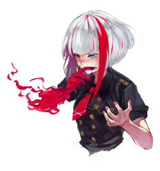 Rule 34 | 1girl, admiral graf spee (azur lane), admiral graf spee (girl&#039;s sunday) (azur lane), admiral graf spee (girl&#039;s sunday) (azur lane), aiguillette, azur lane, bag of chips, biting, black dress, blood, blue blood, blush stickers, bugles, bugles (food), bugles on fingers, buttons, chips (food), chuunibyou, claws, collared dress, colored blood, colored skin, commentary, dress, finger biting, fingernails, food, halfway, heterochromia, highres, long fingernails, multicolored hair, nail polish, necktie, pink nails, red hair, red skin, sharp fingernails, short hair with long locks, short sleeves, silver hair, simple background, streaked hair, two-tone hair, white background