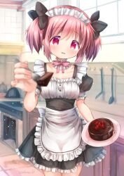 Rule 34 | 1girl, absurdres, apron, cake, chocolate cake, commentary request, cowboy shot, detached collar, food, fork, highres, holding, holding fork, hoshikage wataru, indoors, kaname madoka, kitchen, looking at viewer, mahou shoujo madoka magica, mahou shoujo madoka magica (anime), maid, maid headdress, open mouth, pink eyes, pink hair, short hair, signature, solo, standing, two side up, valentine, waist apron, white apron