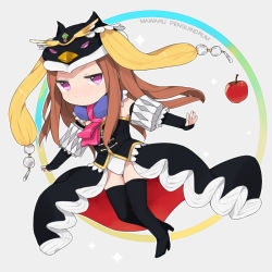 Rule 34 | 10s, 1girl, animal hat, apple, bird, black thighhighs, boots, brown hair, chibi, female focus, food, fruit, full body, hat, leotard, long hair, mawaru penguindrum, outstretched arms, penguin, princess of the crystal, purple eyes, solo, takakura himari, thigh boots, thighhighs, tsuduya (knt31), white background