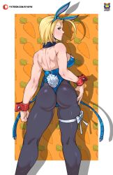 Rule 34 | 1girl, absurdres, adapted costume, ahoge, animal ears, ass, black pantyhose, blonde hair, blue eyes, blue hairband, blue leotard, breasts, cammy white, clenched hand, detached collar, fake animal ears, from behind, hairband, hand on own hip, highres, huge ahoge, kneepits, kyoffie, large breasts, leg ribbon, leotard, lips, looking back, nontraditional playboy bunny, pantyhose, ribbon, short hair, shoulder blades, sideboob, solo, standing, street fighter, street fighter 6, thick thighs, thigh ribbon, thighs, thong leotard, wrist cuffs