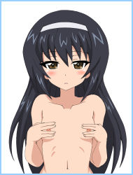 Rule 34 | 10s, 1girl, bertsr, black hair, blush, breasts, brown eyes, girls und panzer, highres, navel, nipples, nude, reizei mako, simple background, small breasts, solo, white background