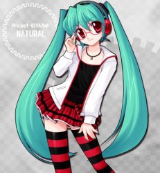 Rule 34 | aqua hair, bespectacled, glasses, hatsune miku, headphones, jacket, jewelry, necklace, project diva, project diva (series), red eyes, skirt, striped legwear, twintails, vocaloid