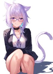 Rule 34 | 1girl, :3, ahoge, animal ear fluff, animal ears, bare legs, black collar, black jacket, black panties, blush, breasts, button gap, cameltoe, cat ears, cat girl, cat tail, cleavage, closed mouth, collar, collared shirt, commentary, crossed arms, dress shirt, feet out of frame, frilled panties, frills, glasses, hair between eyes, highres, hololive, jacket, keienu0, licking lips, light purple hair, looking at viewer, medium breasts, medium hair, neck ribbon, nekomata okayu, nekomata okayu (oversized shirt), official alternate costume, open clothes, open jacket, panties, pantyshot, purple-framed eyewear, purple eyes, purple ribbon, ribbon, shadow, shirt, simple background, sleeves past fingers, sleeves past wrists, smile, solo, squatting, tail, thighs, tongue, tongue out, underwear, virtual youtuber, white background, white shirt, wing collar