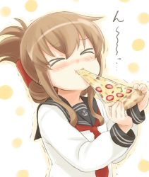 &gt;_&lt; 10s 1girl anchor_symbol bad_id bad_twitter_id brown_hair closed_eyes commentary_request eating engiyoshi female_focus folded_ponytail food food_in_mouth hair_between_eyes inazuma_(kancolle) kantai_collection long_hair long_sleeves neckerchief pizza pizza_slice school_uniform serafuku simple_background solo