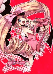 Rule 34 | 10s, 1girl, big hair, blonde hair, boots, bow, dress, drill hair, eyepatch, hair bow, harime nui, high heel boots, high heels, hiyotooshi, kill la kill, long hair, parasol, pink bow, pink dress, pink footwear, ribbon, smile, solo, strapless, strapless dress, twin drills, twintails, umbrella, wrist cuffs