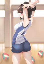 Rule 34 | 1girl, armpits, arms up, ass, ball, blue eyes, blue shorts, blurry, blurry background, breasts, brown hair, elbow pads, elbow sleeve, female focus, gym shorts, highres, indoors, knee pads, large breasts, minato ojitan, original, pantylines, shirt, shorts, sleeveless, sleeveless shirt, solo, sportswear, stretching, volleyball (object), volleyball uniform