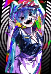 Rule 34 | 1girl, abstract background, absurdres, apron, black eyes, black mouth, blue dress, blue hair, blue hat, bow, buttons, cowboy shot, double-breasted, dress, hair bow, hands up, hat, hatsune miku, highres, long hair, looking at viewer, mesmerizer (vocaloid), open mouth, puffy short sleeves, puffy sleeves, sharp teeth, short sleeves, smile, solo, striped bow, tears, teeth, tel teh, twintails, very long hair, visor cap, vocaloid, white apron, wrist cuffs