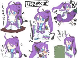 Rule 34 | 1boy, ^ ^, ahoge, character sheet, closed eyes, colored eyelashes, covered mouth, cup, eggplant, embarrassed, flat color, food, hair between eyes, hand fan, holding, holding paper, holding sword, holding weapon, kamui gakupo, long hair, male focus, multiple views, oharu, own hands together, paper, ponytail, purple hair, sheath, sheathed, simple background, sitting, standing, sword, usb, vegetable, vocaloid, weapon, white background, yunomi