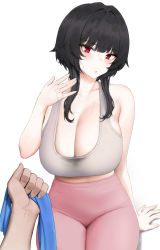 Rule 34 | 1girl, :o, absurdres, bare arms, bare shoulders, black hair, blunt bangs, blush, breasts, cleavage, collarbone, fanning self, head tilt, highres, holding, holding towel, huge breasts, mochirong, mole, mole on breast, mole on collarbone, motion lines, original, pants, parted lips, pink pants, pov, red eyes, short hair with long locks, sidelocks, simple background, sitting, solo focus, sports bra, sweat, towel, wet, wet clothes, white background, yoga pants