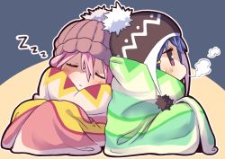 Rule 34 | 0141zucker, 2girls, beanie, blanket, blue hair, blush, breath, chibi, closed mouth, full body, hair between eyes, hair ornament, hairclip, hat, kagamihara nadeshiko, leaning to the side, multiple girls, outline, parted lips, pink eyes, pink hair, profile, shima rin, sitting, sleeping, yurucamp, zzz