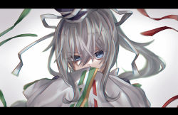 Rule 34 | 1girl, black hat, blue eyes, commentary request, dagasitotaiyou, green ribbon, grey background, grey hair, hands up, hat, highres, letterboxed, long hair, long sleeves, looking at viewer, mononobe no futo, ponytail, red ribbon, ribbon, solo, tate eboshi, touhou, upper body, wide sleeves