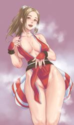 Rule 34 | 1girl, animal print, bare shoulders, breasts, brown eyes, brown hair, cleavage, curvy, fatal fury, heavy breathing, highres, large breasts, leopard print, licking lips, long hair, naughty face, ninja, omaehasaigoni, partially visible vulva, ponytail, shiny skin, shiranui mai, sleeveless, the king of fighters, thighs, tongue, tongue out, very long hair, wide hips