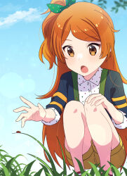 Rule 34 | 1girl, :o, blue sky, blush, brown shorts, bug, cloud, cloudy sky, collared shirt, dot nose, grass, hand on own knee, idolmaster, idolmaster million live!, idolmaster million live! theater days, insect, koma tori, ladybug, legs together, long hair, looking down, ogami tamaki, open hand, open mouth, orange eyes, orange hair, outdoors, parted bangs, shirt, shorts, side ponytail, sidelocks, sitting, sky, solo, squatting, straight hair, tree, very long hair