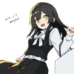 Rule 34 | 1girl, absurdres, bag, bigkwl, black dress, black hair, cowboy shot, dated, dress, hair ornament, hairclip, highres, kantai collection, long hair, official alternate costume, one-hour drawing challenge, open mouth, oyashio (kancolle), shopping bag, simple background, smile, solo, sweater, teeth, twitter username, upper teeth only, white background, white sweater, yellow eyes