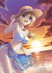 Rule 34 | 1girl, absurdres, artist request, bikini, blonde hair, breasts, charlotte dunois, cloud, cowboy shot, front-tie top, gradient sky, hat, highres, horizon, infinite stratos, jewelry, leaning forward, long hair, long legs, looking at viewer, low ponytail, medium breasts, necklace, ocean, official art, open mouth, outdoors, ponytail, purple eyes, sarong, see-through, sky, smile, solo, straw hat, sunset, swimsuit, third-party source, white bikini
