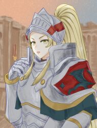 Rule 34 | 1girl, armor, blonde hair, fire emblem, fire emblem engage, full armor, grey armor, high ponytail, highres, jade (fire emblem), looking at viewer, marie dqx, nintendo, open mouth, plate armor, sidelocks, solo, upper body, yellow eyes