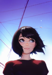 Rule 34 | 1girl, artist name, black hair, blouse, blurry, blurry background, bob cut, closed mouth, commentary, commentary request, depth of field, english commentary, engrish commentary, floating hair, glasses, highres, ilya kuvshinov, looking away, looking up, mole, mole under eye, mole under mouth, original, outdoors, pink lips, portrait, red shirt, shirt, short hair, smile, solo