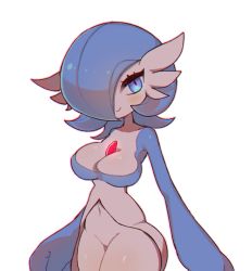 Rule 34 | 1girl, aliceyawnin, alternate color, alternate eye color, blue eyes, blue hair, blue skin, blush, bob cut, breasts, chromatic aberration, cleavage, closed mouth, collarbone, colored skin, creatures (company), female focus, game freak, gardevoir, gen 3 pokemon, groin, hair over one eye, happy, highres, large breasts, looking at viewer, matching hair/eyes, multicolored skin, navel, nintendo, no pussy, outline, pink outline, pokemon, pokemon (creature), shiny pokemon, shiny skin, short hair, simple background, smile, solo, stomach, two-tone skin, white background, white skin