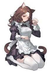 Rule 34 | 1girl, absurdres, alternate costume, animal ear fluff, animal ears, apron, black dress, brown hair, cat ears, cat girl, cat tail, chinese commentary, clenched hands, collared dress, commentary request, contemporary, dress, elden ring, enmaided, facial mark, frilled apron, frills, full body, hand up, highres, juliet sleeves, kemonomimi mode, long sleeves, looking at viewer, lushi jin up, maid, maid apron, medium hair, melina (elden ring), no shoes, one eye closed, paw pose, puffy sleeves, seiza, simple background, sitting, skindentation, solo, sweatdrop, tail, thighhighs, wavy hair, white apron, white background, white thighhighs