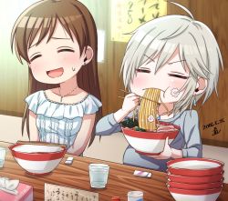 Rule 34 | 2girls, :t, = =, ^ ^, ahoge, anastasia (idolmaster), belly, blush, bowl, breasts, brown hair, chibi, chopsticks, closed eyes, cup, dated, drinking glass, earrings, eating, facing viewer, food, food on face, grey hair, grey shirt, hair between eyes, head tilt, holding, holding bowl, holding chopsticks, idolmaster, idolmaster cinderella girls, indoors, jewelry, kamaboko, long hair, long sleeves, multiple girls, narutomaki, necklace, nitta minami, noodles, open mouth, ramen, shirt, short hair, sidelocks, signature, small breasts, smile, stomach bulge, straight hair, stud earrings, sweatdrop, swept bangs, table, tissue box, v-shaped eyebrows, white shirt, wooden table, yoohi