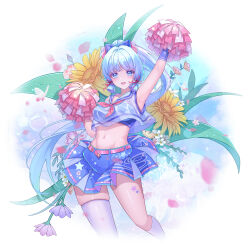 Rule 34 | 1girl, alternate costume, arm up, armpits, ayaka (genshin impact), blue eyes, blue hair, blue skirt, blue tube top, blunt tresses, blush, breasts, cheerleader, chinese commentary, cropped legs, cropped shirt, floral background, genshin impact, hair ribbon, hands up, high ponytail, highres, juuhachi kin (anthonyy1821), leg tattoo, light blue hair, long hair, looking at viewer, medium breasts, navel, neckerchief, open mouth, pink neckerchief, pom pom (cheerleading), ribbon, see-through, see-through shirt, shirt, skindentation, skirt, sleeveless, sleeveless shirt, solo, stomach, strapless, tattoo, thighhighs, tress ribbon, tube top, white background, white thighhighs
