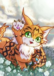 Rule 34 | animal hands, cat, digimon, flower, grass, green eyes, looking at viewer, meicoomon, smile, solo