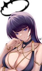 Rule 34 | 1girl, absurdres, armlet, bare shoulders, black choker, blue eyes, bracelet, breasts, caiman pool, choker, cleavage, commentary, commission, eyeshadow, grin, halo, highres, jewelry, large breasts, long hair, looking at viewer, makeup, original, purple hair, smile, solo, upper body