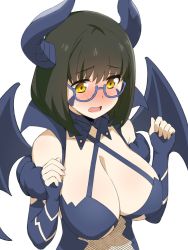 Rule 34 | 1girl, arms up, black hair, blue-framed eyewear, blush, breasts, collarbone, commentary request, demon girl, demon horns, demon wings, elbow gloves, fingerless gloves, fishnets, from above, from side, glasses, gloves, highres, horns, large breasts, looking down, mahouka koukou no rettousei, medium hair, navel, open mouth, semi-rimless eyewear, shibata mizuki, simple background, solo, sumi (shibata3gb), sweatdrop, under-rim eyewear, upper body, white background, wings, yellow eyes